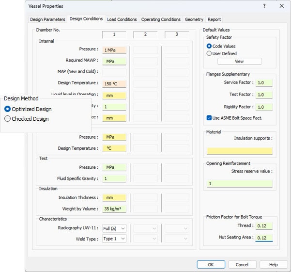 Screenshot of an AutoPIPE Vessel properties window displaying input fields for pressure, temperature, diameter, and thickness. Includes options for smarter design methods, stress values, and bolt factors to enhance project efficiency.