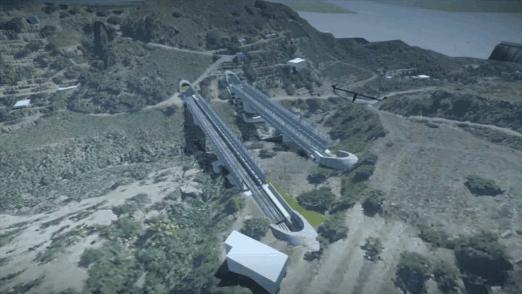 A digital rendering shows two parallel elevated railway tracks running through a hilly, forested terrain with construction structures nearby.