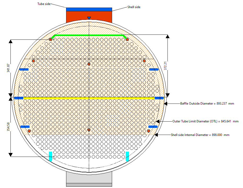 Diagram of a shell and tube heat exchanger with labeled dimensions, featuring baffle and tube details in a cross-sectional view. This smarter design is easily analyzed using AutoPIPE Vessel for enhanced accuracy in engineering assessments.