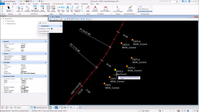 Geological mapping software interface showing a cross-section with labeled drillholes, sample points, and control data on a black background.