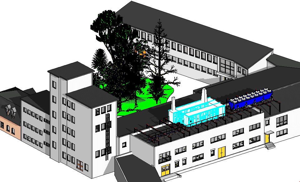 A 3D BIM model of a building complex, showcasing multiple structures. The courtyard is adorned with trees, while the roof displays visible HVAC systems.