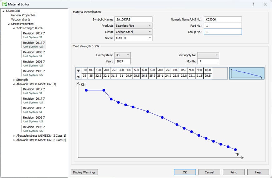 Screenshot of a Material Editor window from AutoPIPE Vessel showing properties for a carbon steel pipe. Includes design smarter options for units, year, and limit type, with a graph plotting temperature against another variable.