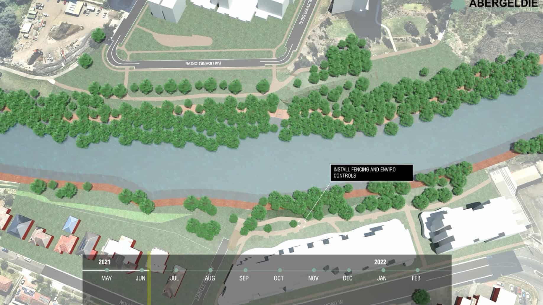Aerial map showing a river with surrounding trees, nearby roads, buildings, and a highlighted section labeled "Install Fencing and Enviro Controls.