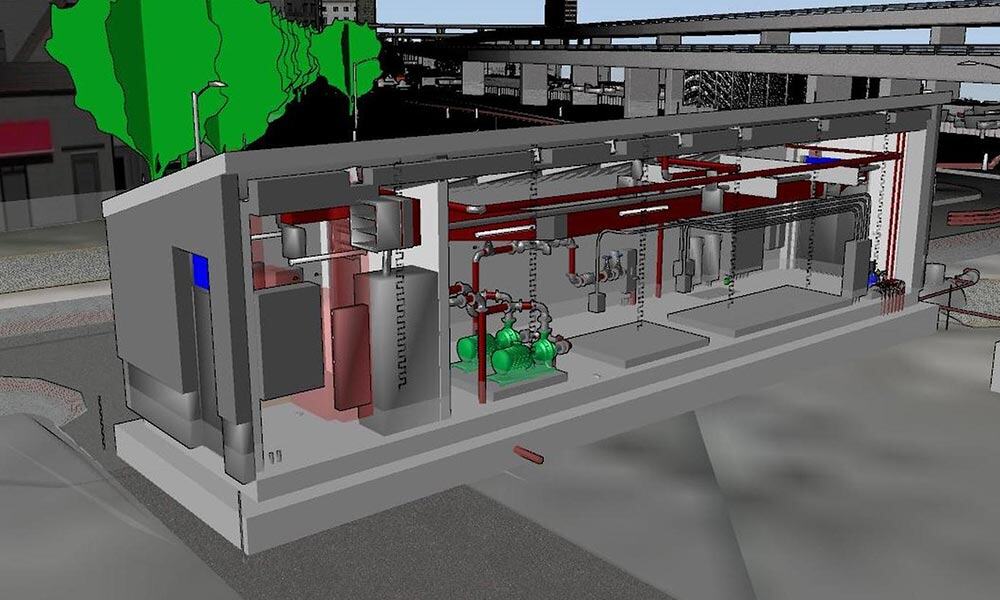 Digital rendering of a building cross-section in NYC showcases interior mechanical systems, pipes, tanks, and structural elements, using green and red highlights to emphasize climate resilience features.