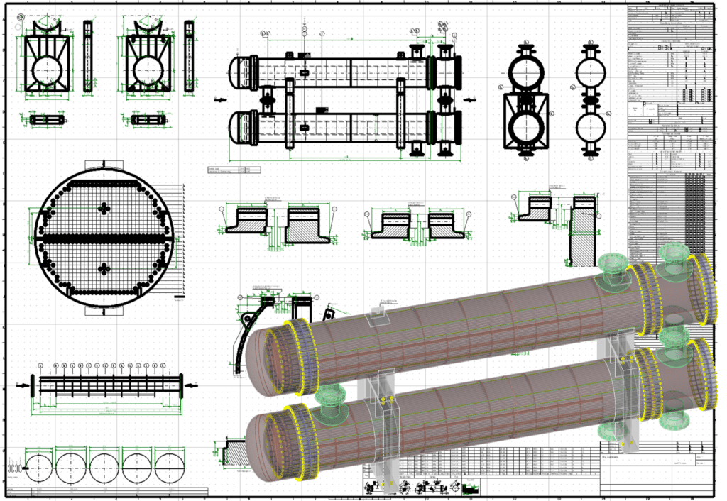 The design includes a technical drawing of an industrial heat exchanger, featuring detailed schematics and a 3D model in the foreground. Enhanced with AutoPIPE Vessel insights, this depiction offers a smarter approach to understanding complex engineering systems.