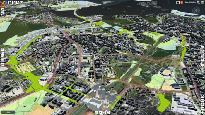 A detailed 3D digital map of an urban area with buildings, roads, green spaces, and waterways visible from an elevated perspective.