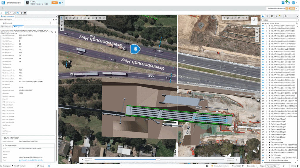 Aerial map software interface displaying a split view of 3D building models and satellite imagery along Greensborough Highway, with a sidebar of file layers and tools.