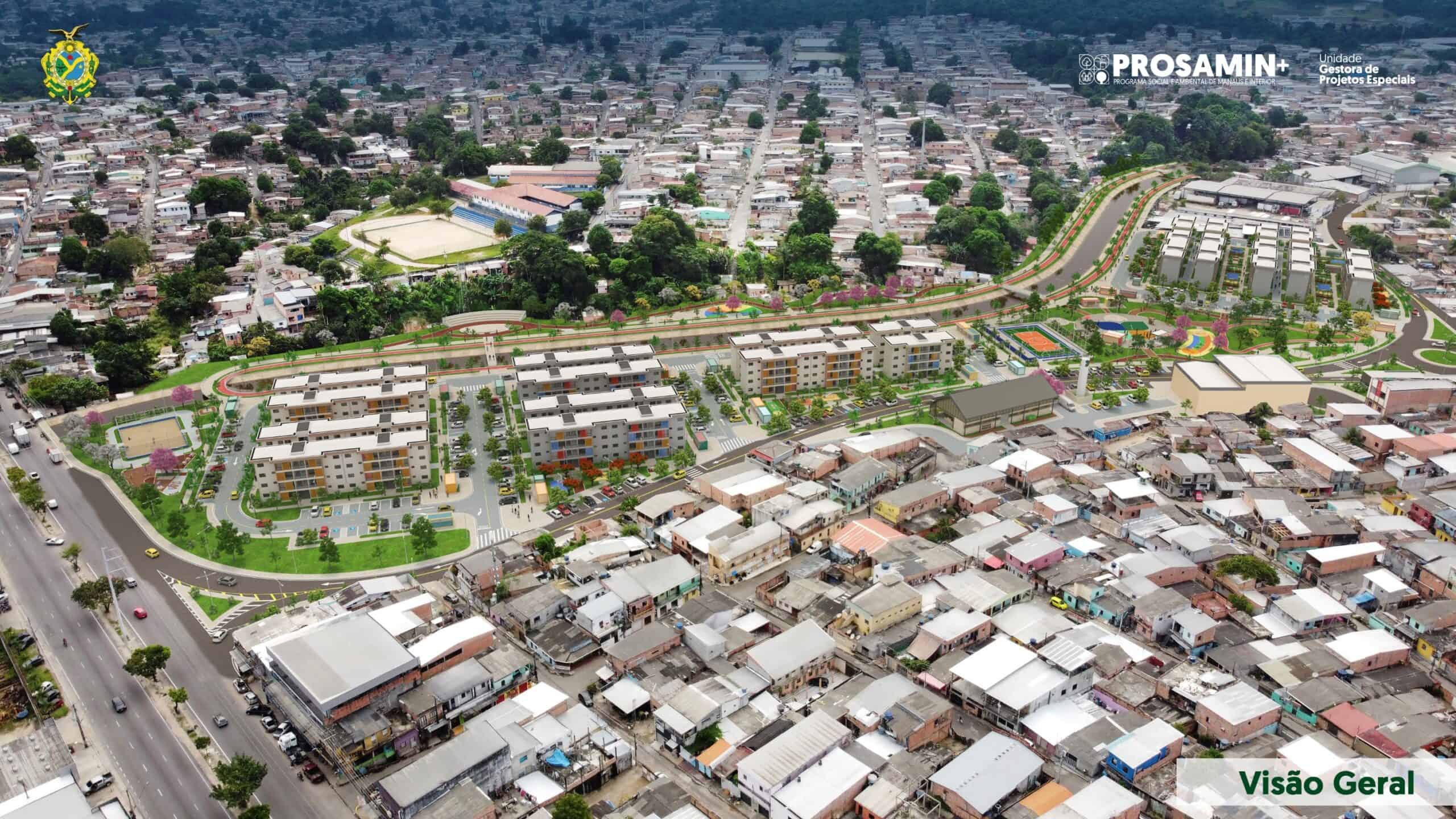 Aerial view of a densely populated urban area with new residential buildings and green spaces under development, labeled "PROSAMIN+" and "Visão Geral.