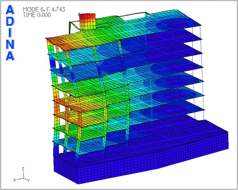 ADINA structural analysis software simulation of a building model showing finite element stress distribution