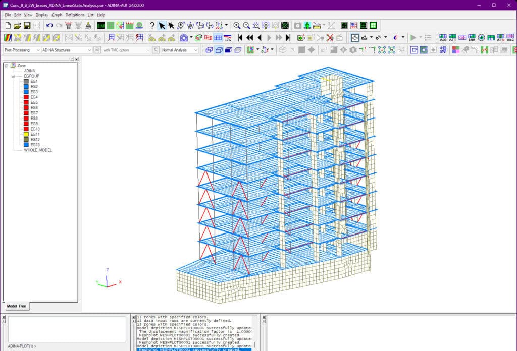 A computer screen displaying a 3D structural model of a multi-story building showcases grid lines, red diagonal braces, and various control panels. The engineering software integrates finite element analysis to ensure structural safety through resilience-focused tools and features.