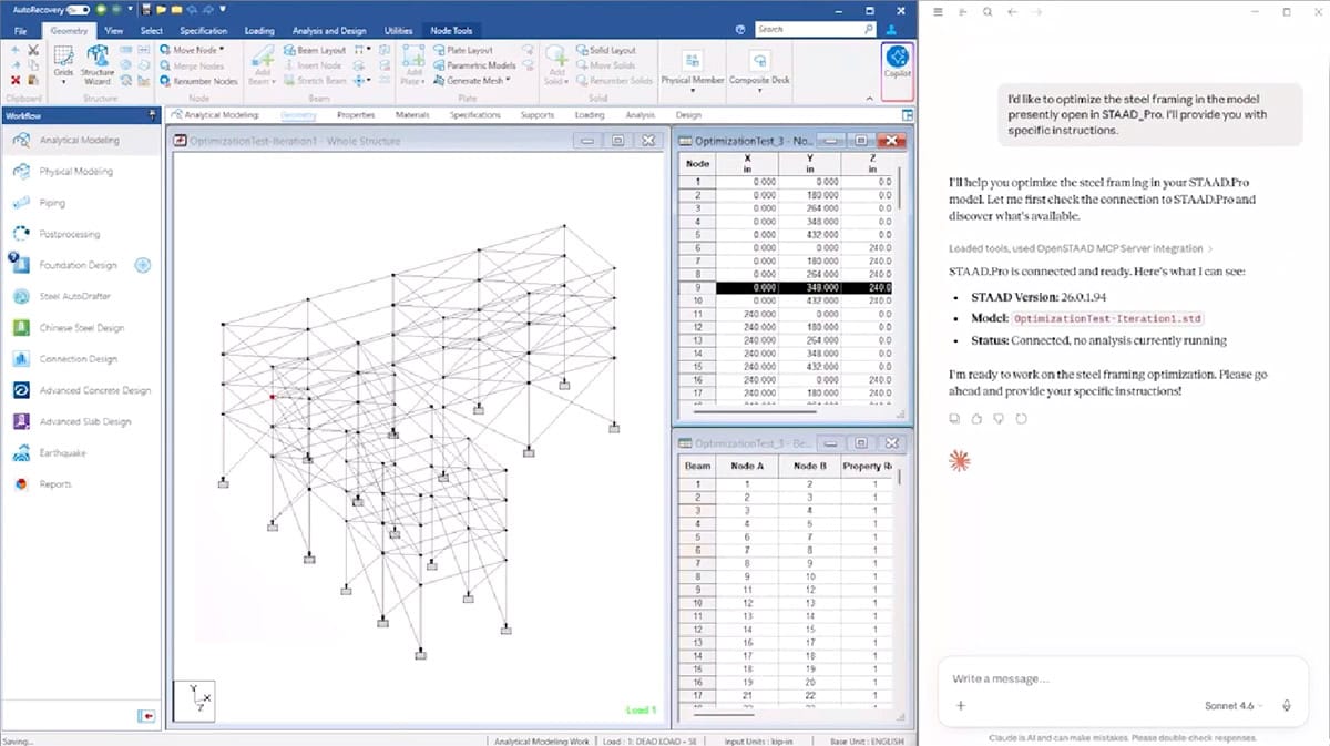 A structural analysis software interface shows a truss model, data tables with node and element information, and a chat window with instructions on the right.