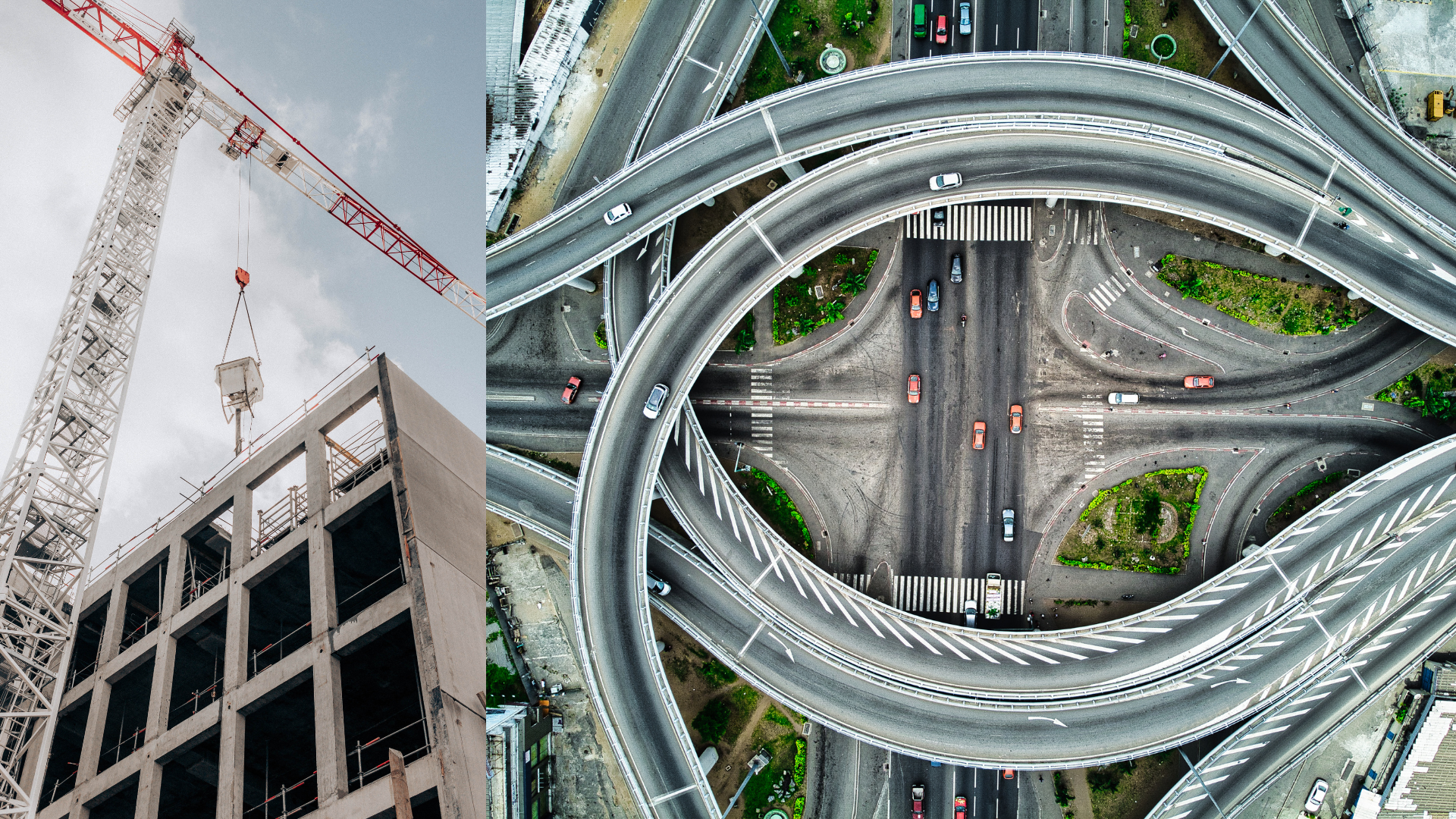 A construction crane lifts materials beside a building under construction; next to it, an aerial view highlights AI in infrastructure, optimizing the complex highway interchange with multiple roads and vehicles.