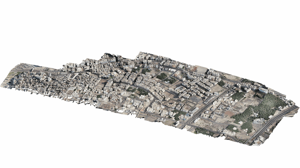 Aerial 3D model of an urban area in the Madinah smart city, showing buildings, streets, and green spaces, isolated on a white background.