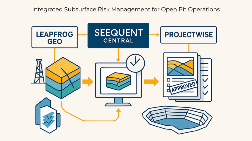 Diagram illustrating the integration of Leapfrog Geo, Seequent Central, and ProjectWise for subsurface risk management in open pit mining operations.