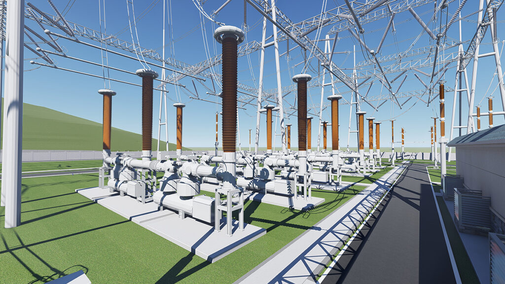 A high-voltage electrical substation in Perth, featuring transformers, circuit breakers, and overhead power lines, showcases modern engineering and robust power infrastructure on a clear day.