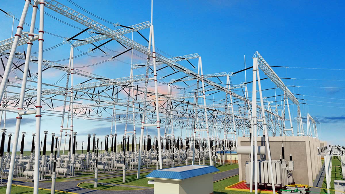 A modern electrical substation with high-voltage power lines, transformers, and equipment under a clear blue sky, showcasing the advancements of Perth Power Infrastructure.