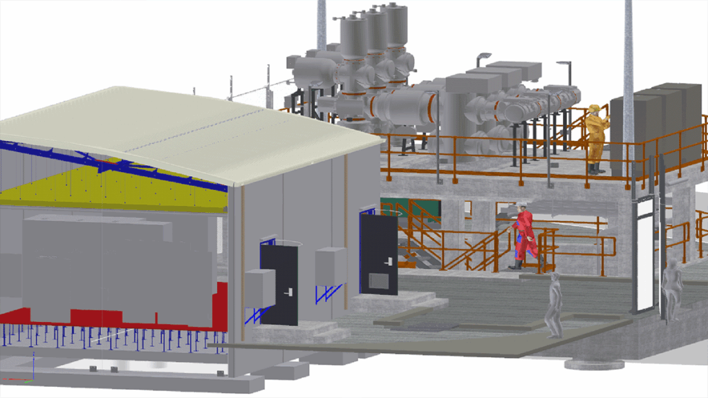 3D rendering of an industrial facility with machinery, pipes, and walkways; several human figures illustrate the scale and use of the structure for APD Global Engineering’s Perth power infrastructure YII Project Profile.
