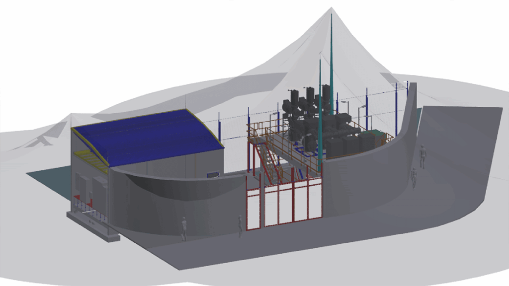 3D rendering of an industrial facility with machinery, a covered building, and curved walls, set against a mountainous background, showcasing digital reinvention in Perth power infrastructure.