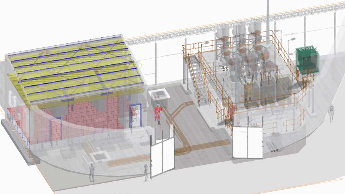 3D rendering of an industrial facility with a building on the left, tanks and pipelines on the right, walkways, equipment, and several human figures for scale.