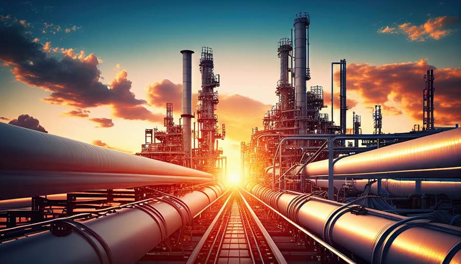 Industrial oil refinery with large metal pipelines extending into the distance, showcasing vital infrastructure set against a sunset sky with scattered clouds.