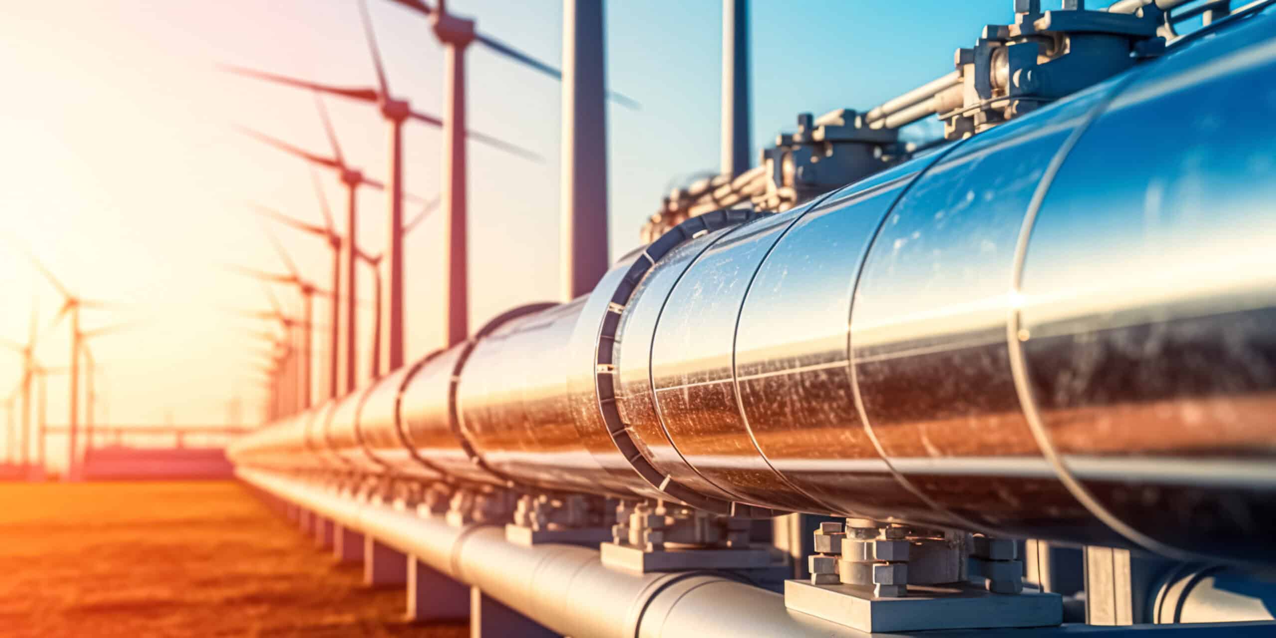 A row of large metal pipelines stretches across a field, with wind turbines in the background under a clear sky, symbolizing the harmonious blend of technology and nature for a sustainable future.