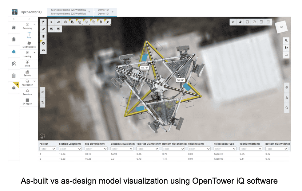 Comparison of as-built and as-design models using Bentley Systems' OpenTower iQ software, showcasing a structure with precise measurements and labeled data points. This process leverages Digital Twins technology for enhanced accuracy and insights.