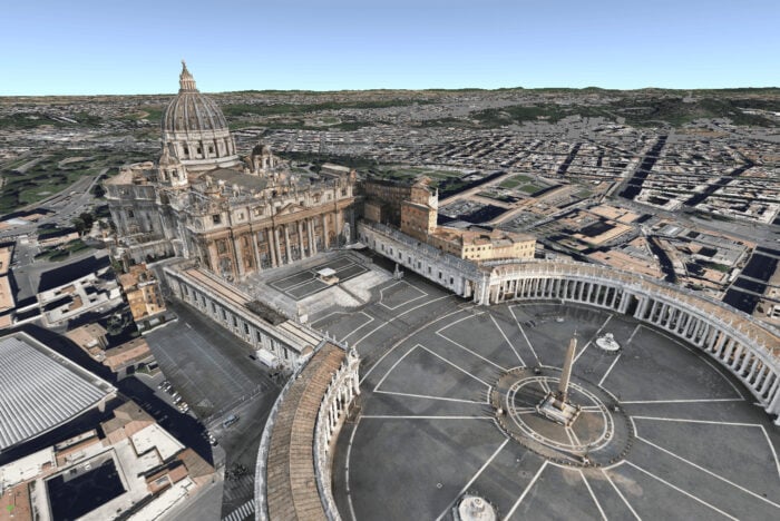 Aerial view of St. Peter's Basilica and Square in Vatican City, highlighting the dome, colonnades, and surrounding urban landscape, while reflecting the infrastructure's subtle environmental impact.