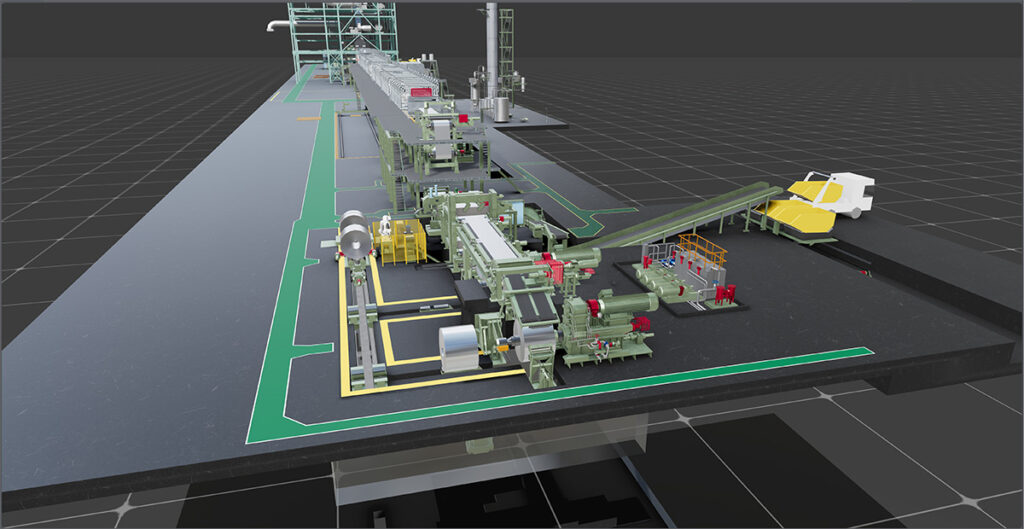 Computer-generated model of an industrial manufacturing facility, inspired by Baosteel Engineering & Technology Group, featuring conveyor belts, machinery, and structural components on a grid background for a steel plant upgrade.