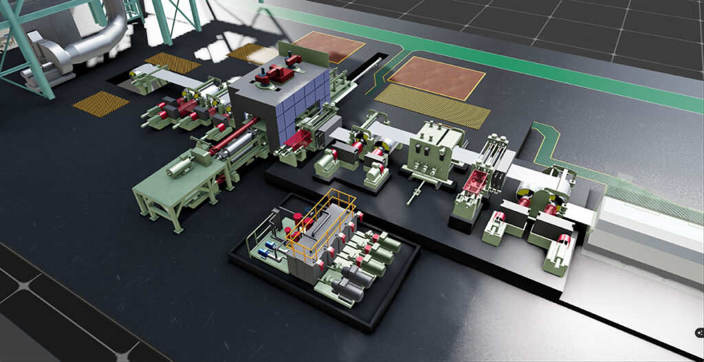 A 3D-rendered industrial facility layout features various interconnected machines and equipment on a factory floor, illustrating a steel plant upgrade by Baosteel Engineering & Technology.