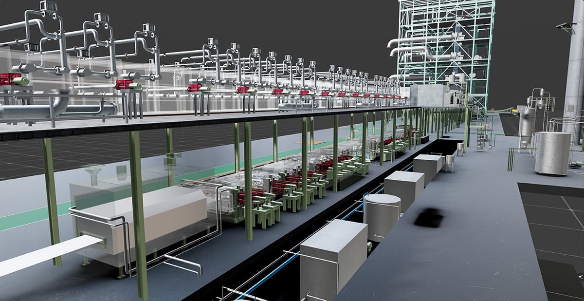 A 3D rendering of an industrial processing plant with pipes, machinery, and structural frameworks showcases advanced engineering technology for an iron and steel plant upgrade in a modern factory setting.