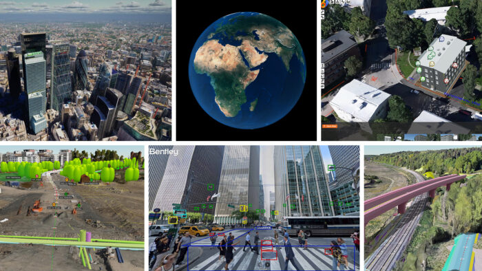 A collage of four digital renderings showing urban, suburban, and rural landscapes, including city buildings, construction sites, roads, and elevated railways.