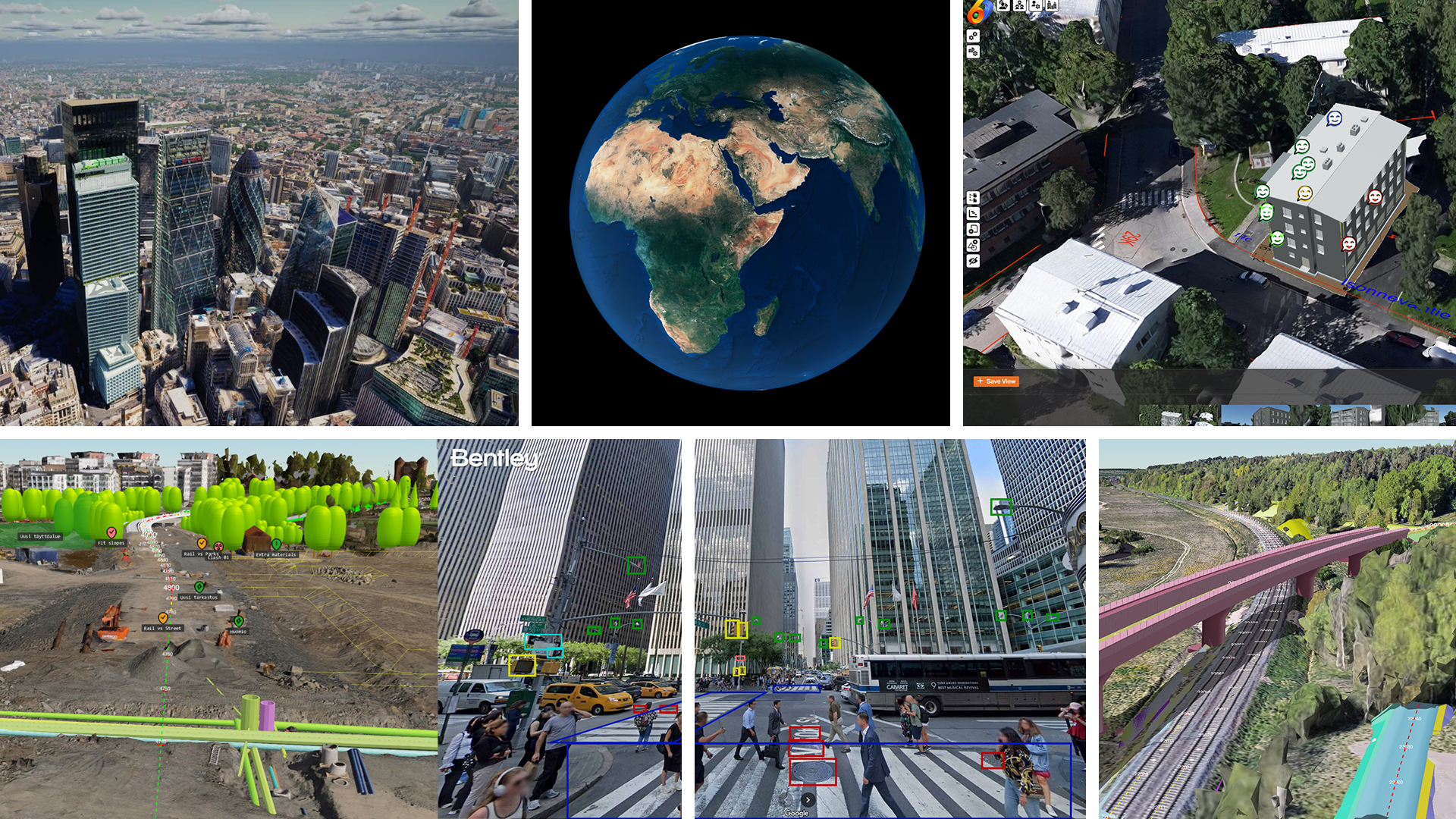 A collage of four digital renderings showing urban, suburban, and rural landscapes, including city buildings, construction sites, roads, and elevated railways.