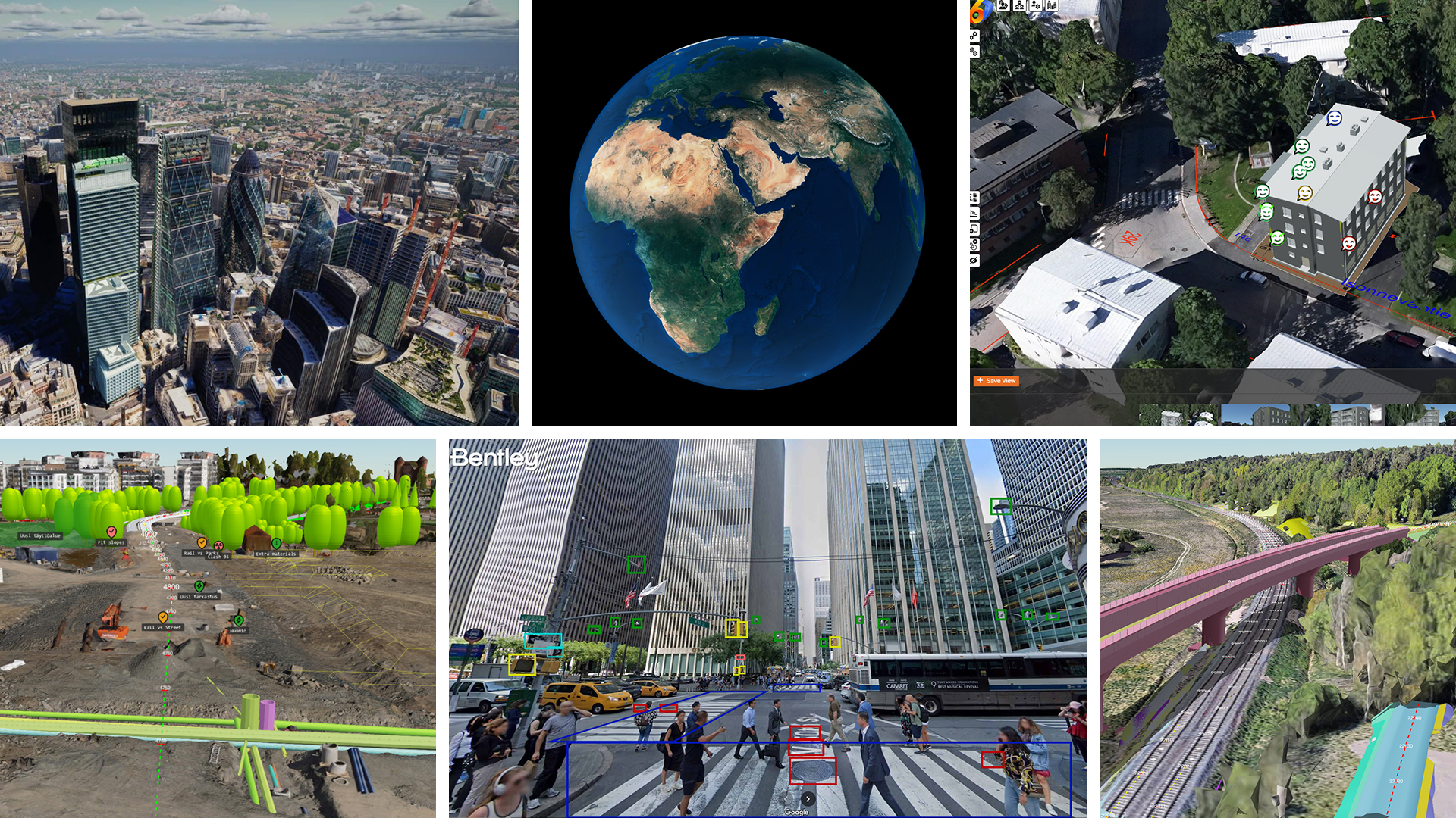 A collage of four digital renderings showing urban, suburban, and rural landscapes, including city buildings, construction sites, roads, and elevated railways.