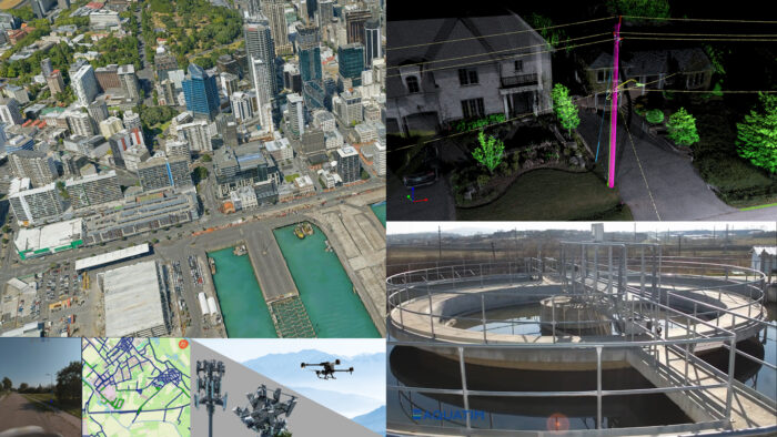 A collage showing an aerial city view, a residential neighborhood with lidar data, a port, a wastewater treatment facility, a map, and a drone with sensors.