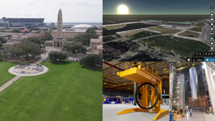Four images: a university campus with a clock tower, a 3D digital landscape, a yellow industrial machine, and an industrial facility with large metal structures.