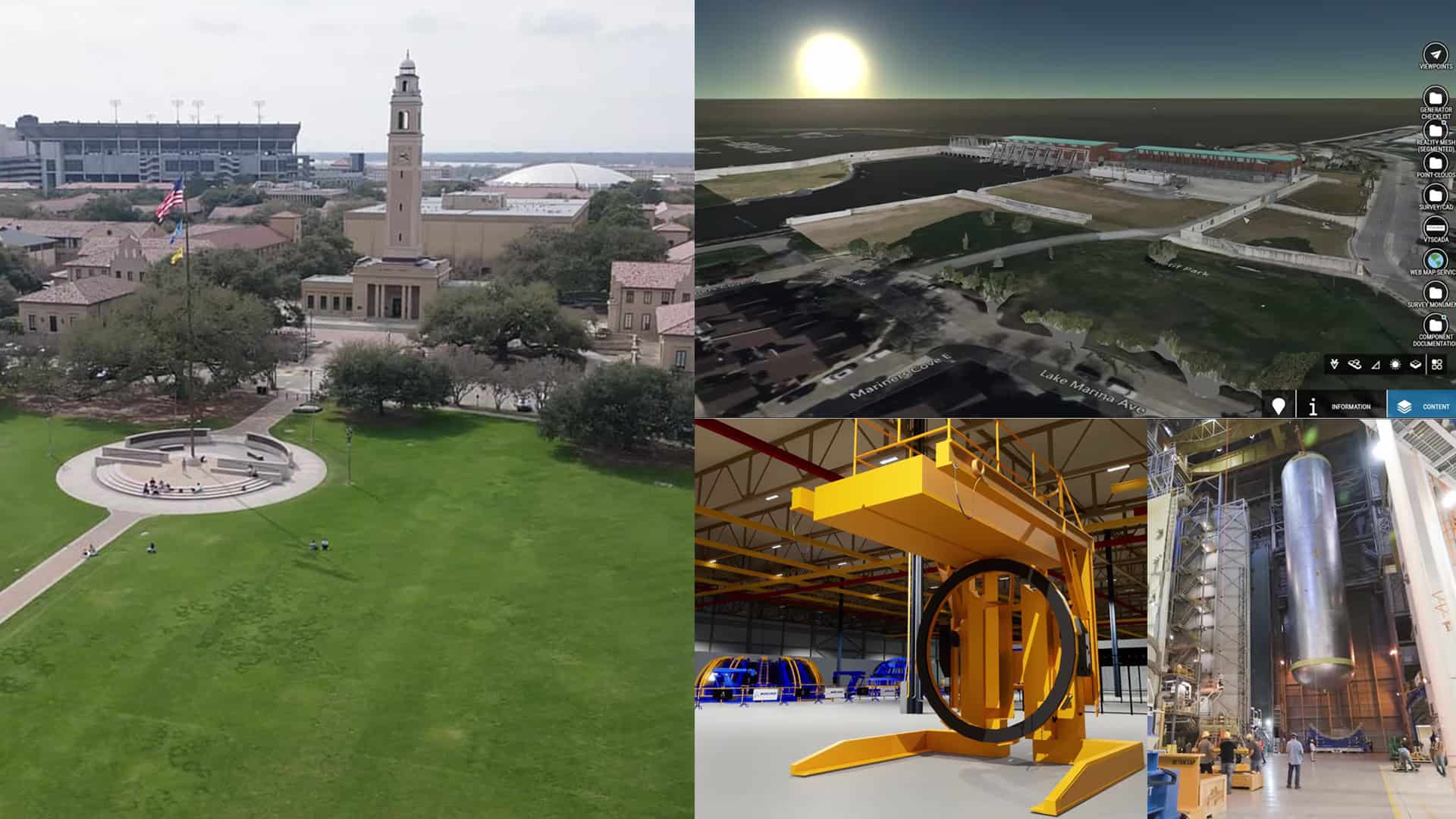 Four images: a university campus with a clock tower, a 3D digital landscape, a yellow industrial machine, and an industrial facility with large metal structures.