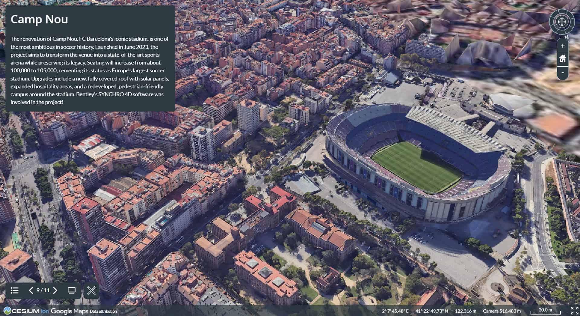 Aerial view of the Camp Nou football stadium in Barcelona, surrounded by city buildings and streets, with information about the stadium displayed on the left side of the image.