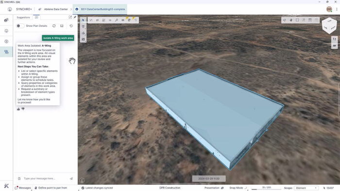 A 3D model of a rectangular building is displayed on a map in SYNCHRO+, Bentley’s AI-powered 4D construction planning software interface.