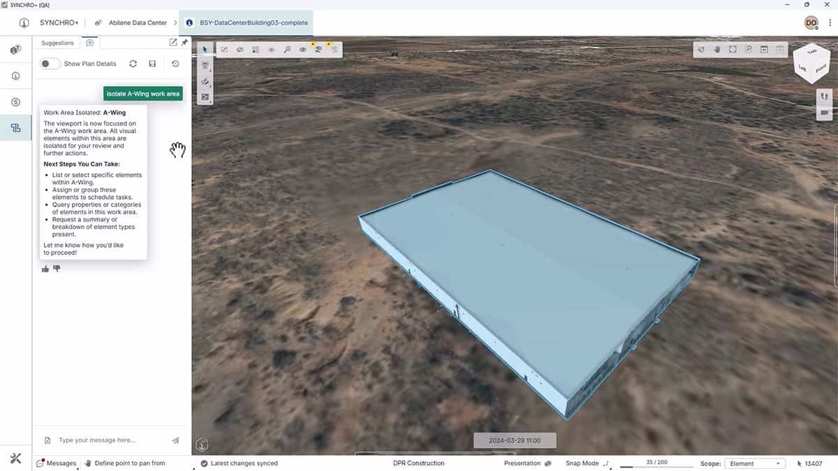 A 3D model of a rectangular building is displayed on a map in SYNCHRO+, Bentley’s AI-powered 4D construction planning software interface.