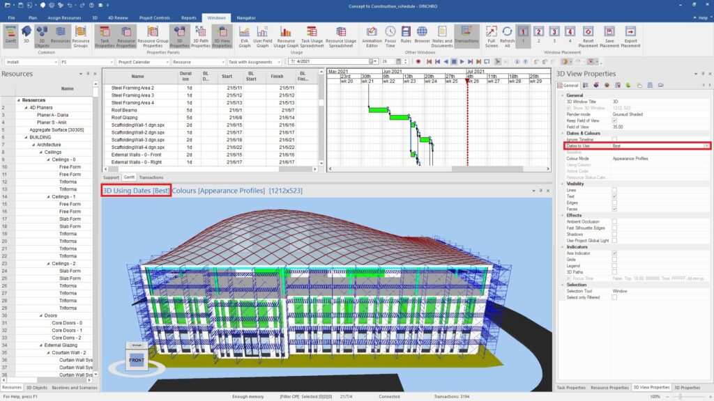 A screenshot of construction project management software displaying a 3D view of a building model, resource lists, task schedules, and properties panel with integrated STAAD.Pro analysis for partial wind load calculations.