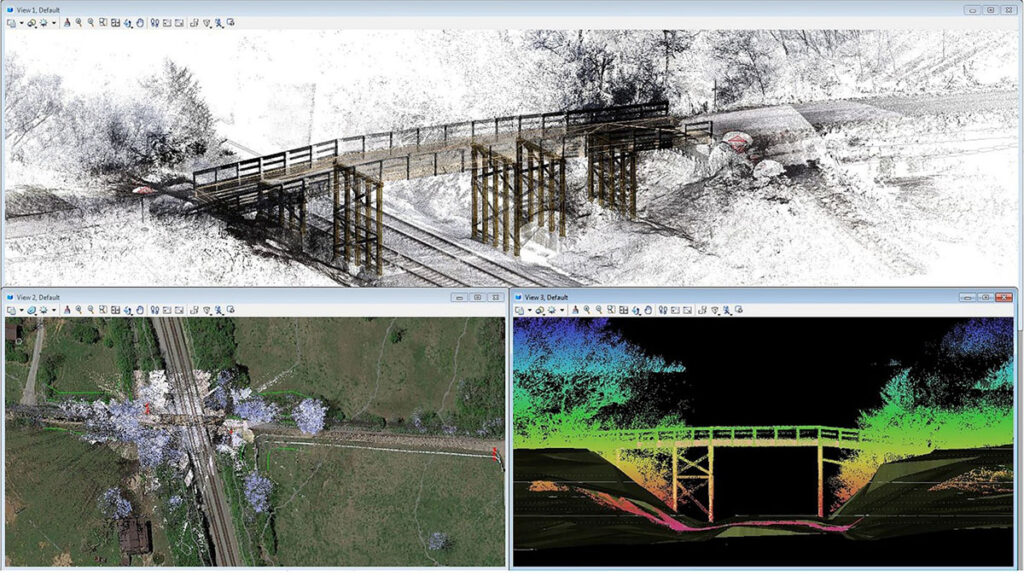 Three computer screens display Digital Twins of a railway bridge, showcasing 3D renderings and maps from various perspectives, including a point cloud view, aerial map, and cross-sectional side view.