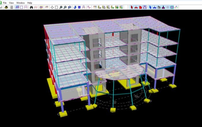 Computer-aided design (CAD) rendering of a multi-story building structure with columns, floors, and other architectural elements. The model is shown on a black background with toolbar icons at the top.