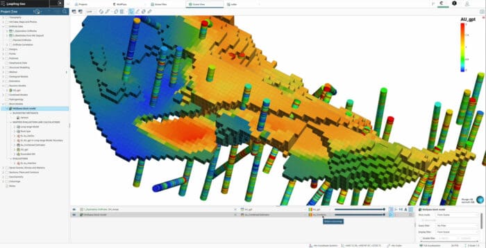 3D geological modeling software interface showing a voxel-based subsurface model with color-coded layers and vertical borehole data.