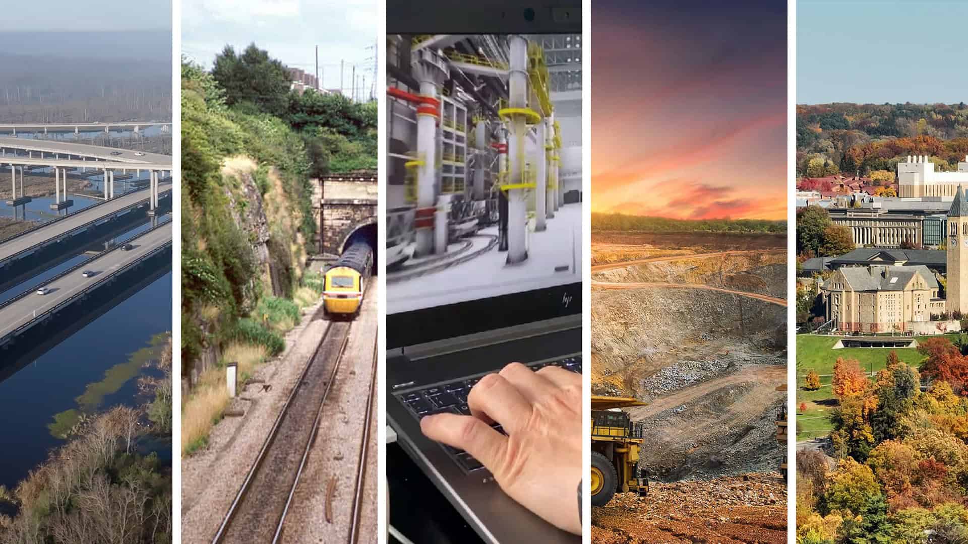 A collage featuring a highway over water, a yellow train on tracks, a hand using a laptop, a mining site, and a cityscape with autumn trees.