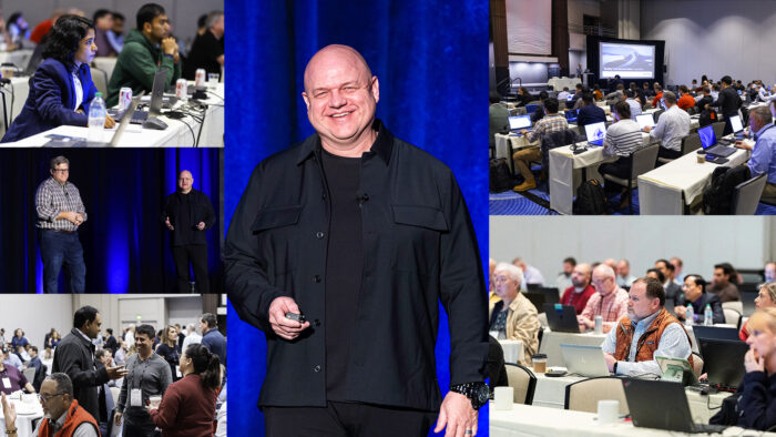 A collage shows a man speaking on stage and various groups of people attending a conference, listening, taking notes, and watching presentations in a large meeting room.
