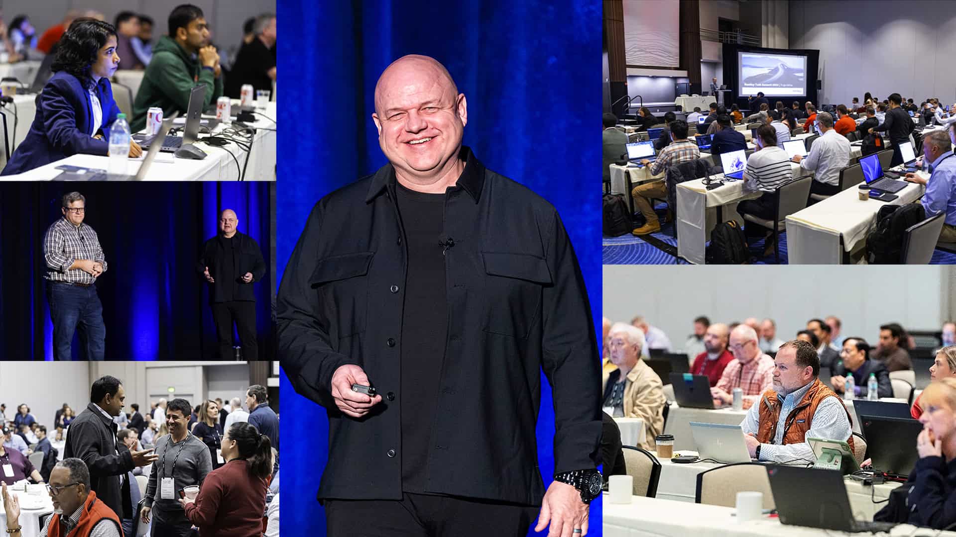 A collage shows a man speaking on stage and various groups of people attending a conference, listening, taking notes, and watching presentations in a large meeting room.
