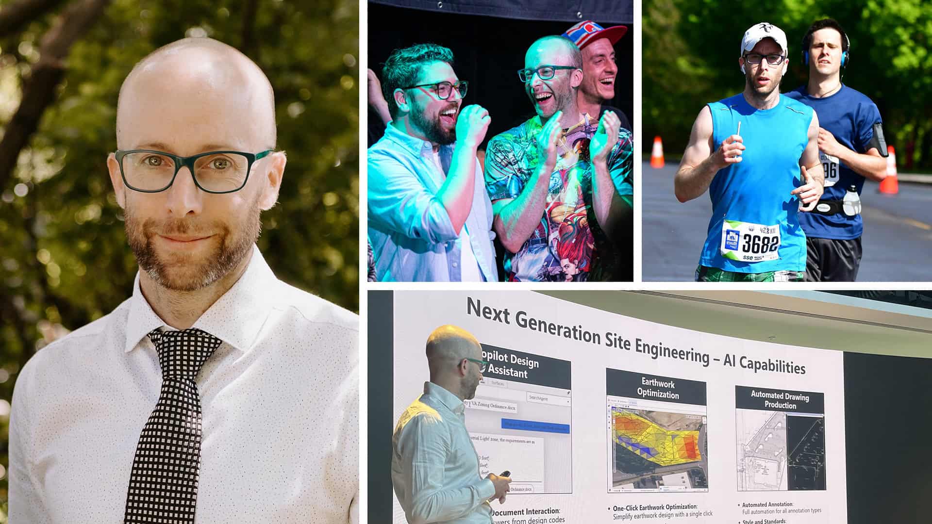 A man in glasses appears in four settings: outdoors, on stage clapping, running a race, and presenting a slide on AI site engineering.
