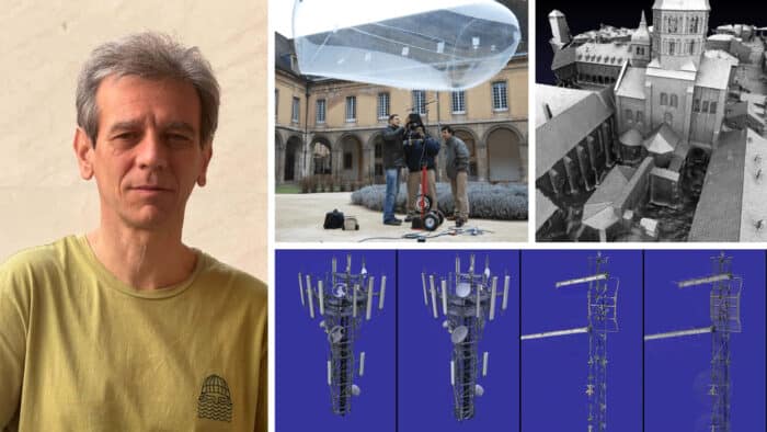 A man stands outdoors; adjacent are images of people with technical equipment, a 3D building model, and diagrams of antenna structures.
