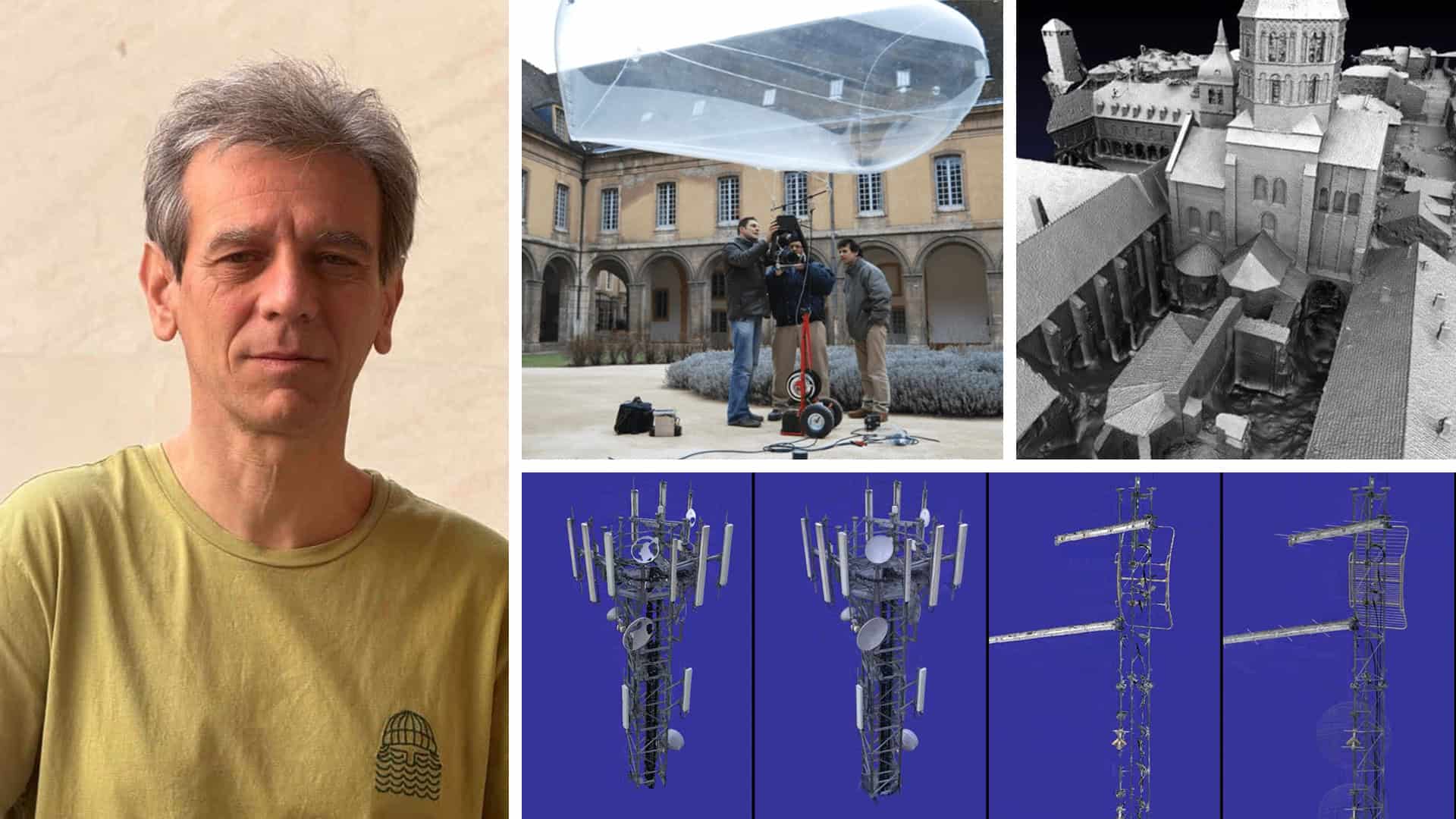A man stands outdoors; adjacent are images of people with technical equipment, a 3D building model, and diagrams of antenna structures.