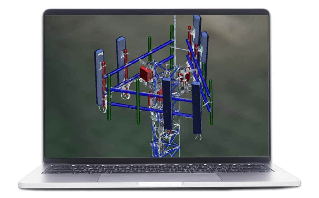 A laptop showcases a 3D model of a telecommunications tower, complete with antennas and structural components, utilizing digital twin technology for enhanced Tower Inspection.